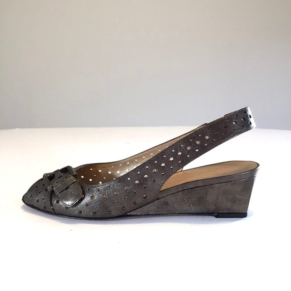 Stuart Weitzman Womens Gray Perforated Leather Wedge Heels Slingback size 6.5 - Picture 7 of 13